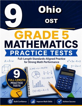 The Ohio OST Grade 5 Math Practice Tests Bundle workbook image for standards-aligned Ohio OST Grade 5 Math practice