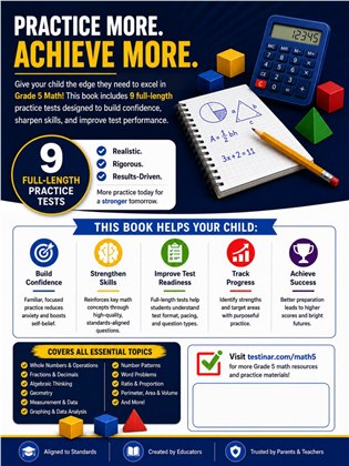 9 South Dakota Smarter Balanced Grade 5 Math Practice Tests workbook back cover showing South Dakota Smarter Balanced Grade 5 Math skills and answer support