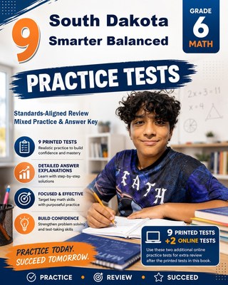 The South Dakota Smarter Balanced Grade 6 Math Practice Tests Bundle workbook image for standards-aligned South Dakota Smarter Balanced Grade 6 Math practice