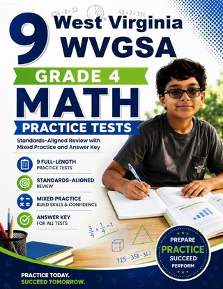 The West Virginia WVGSA Grade 4 Math Practice Tests Bundle workbook image for standards-aligned West Virginia WVGSA Grade 4 Math practice