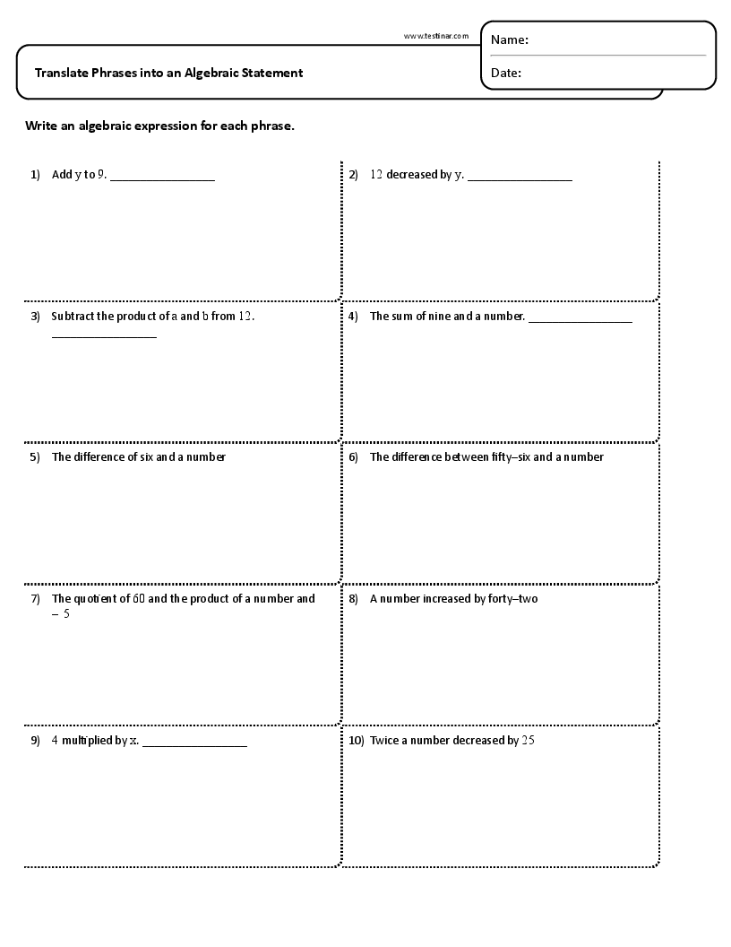 Translate Phrases Into An Algebraic Statement Worksheets