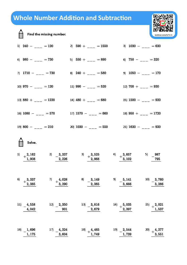Whole Number Addition And Subtraction Worksheets