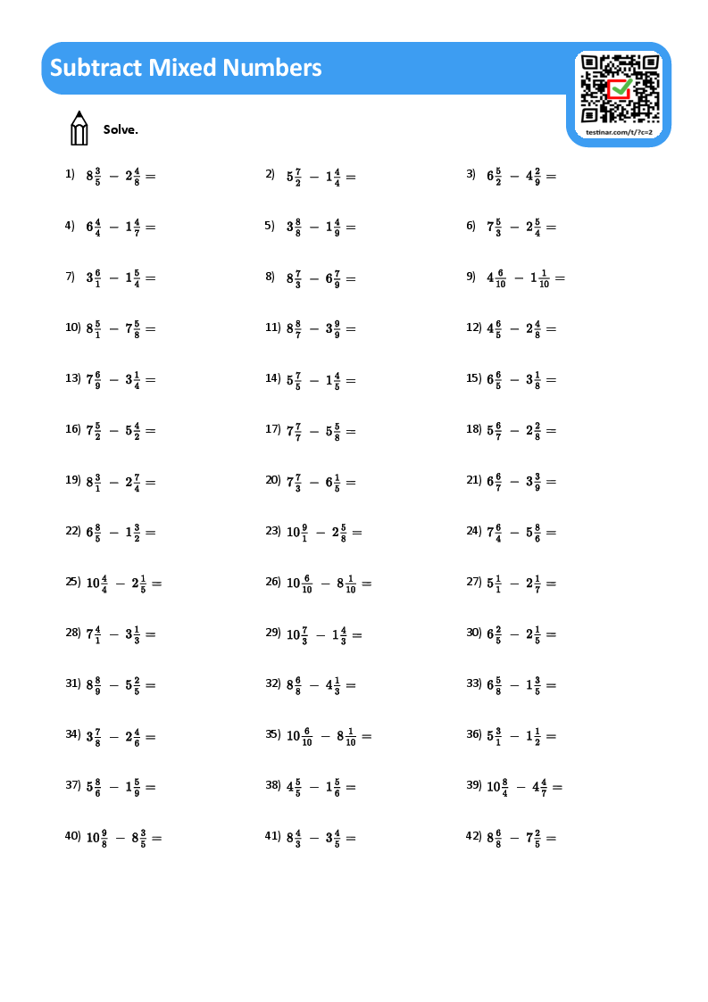 Subtract Mixed Numbers Worksheets