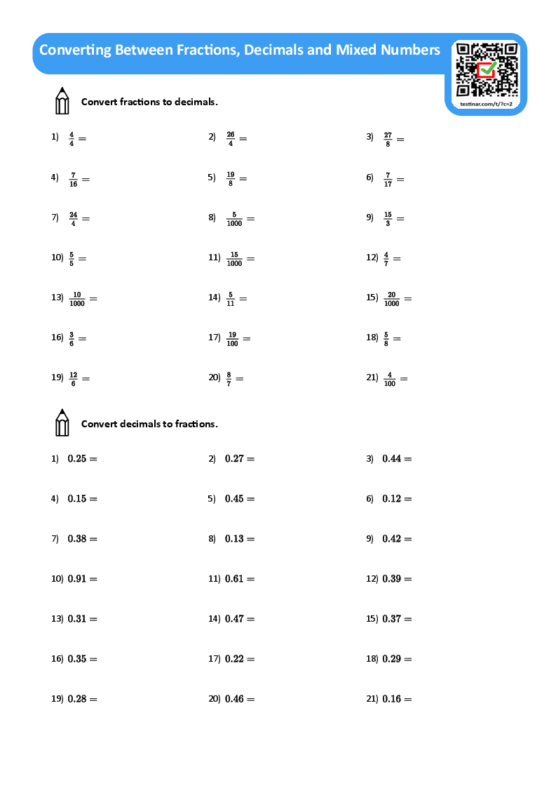 Converting Between Fractions, Decimals and Mixed Numbers