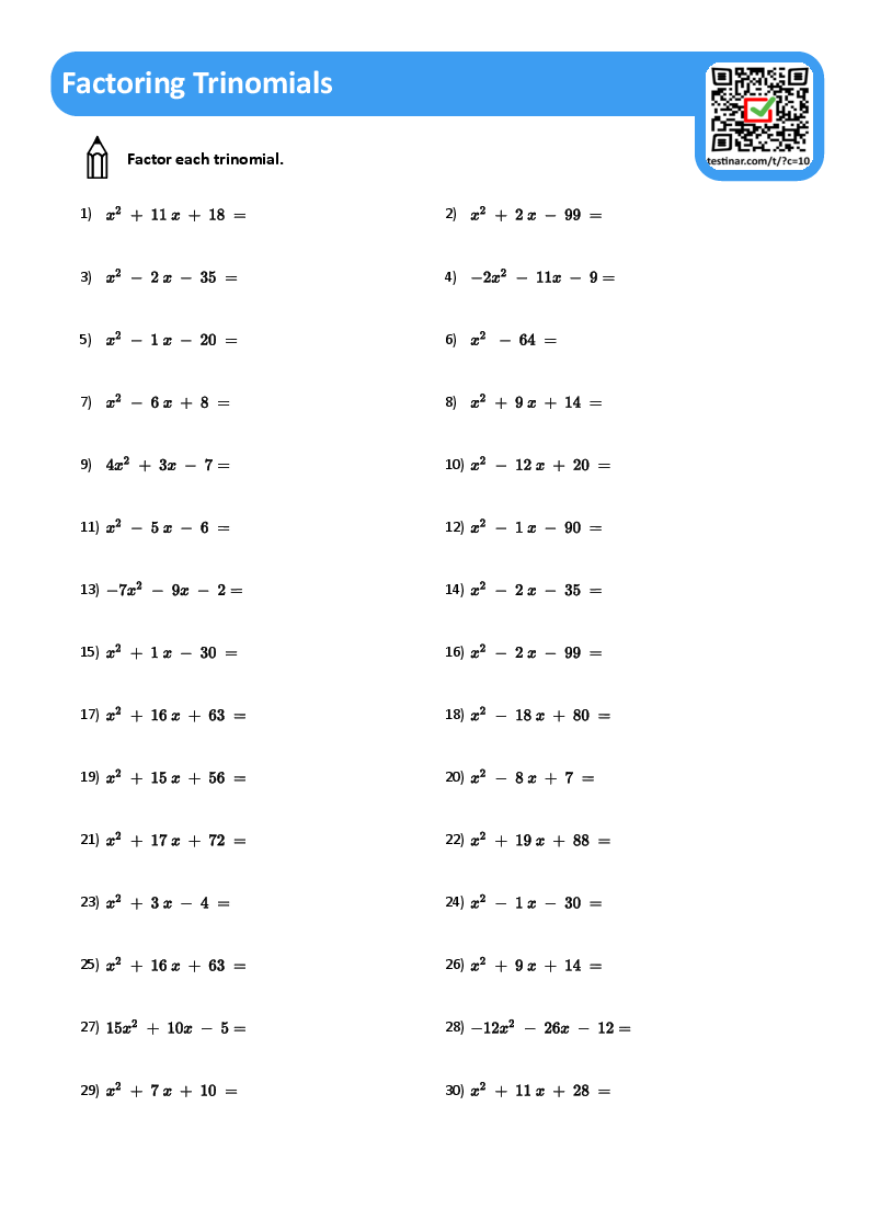 Factoring Trinomials Worksheets