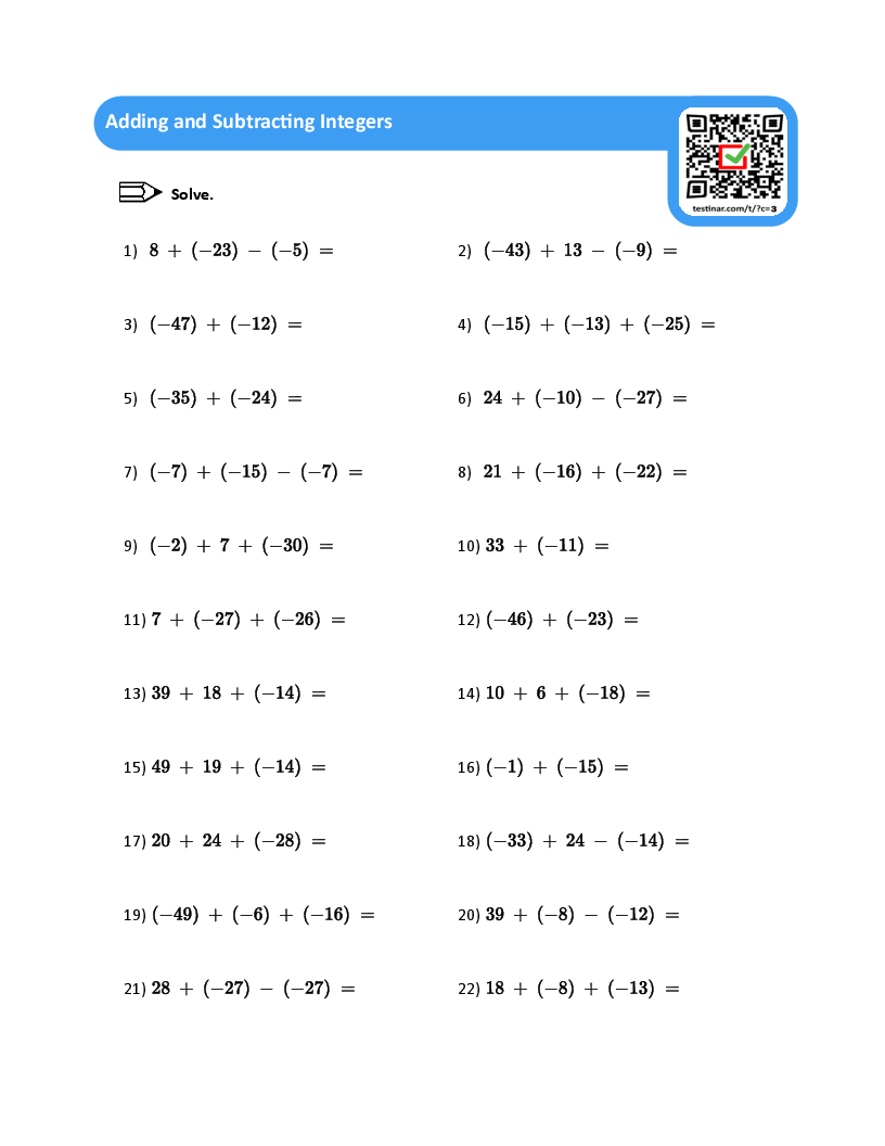 Adding And Subtracting Integers Worksheets