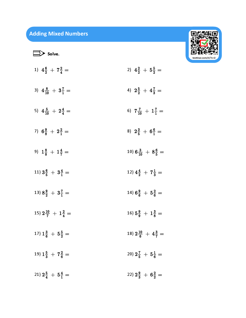 Grade 5 Fractions Worksheet Add Mixed Numbers Unlike Denominators K5 