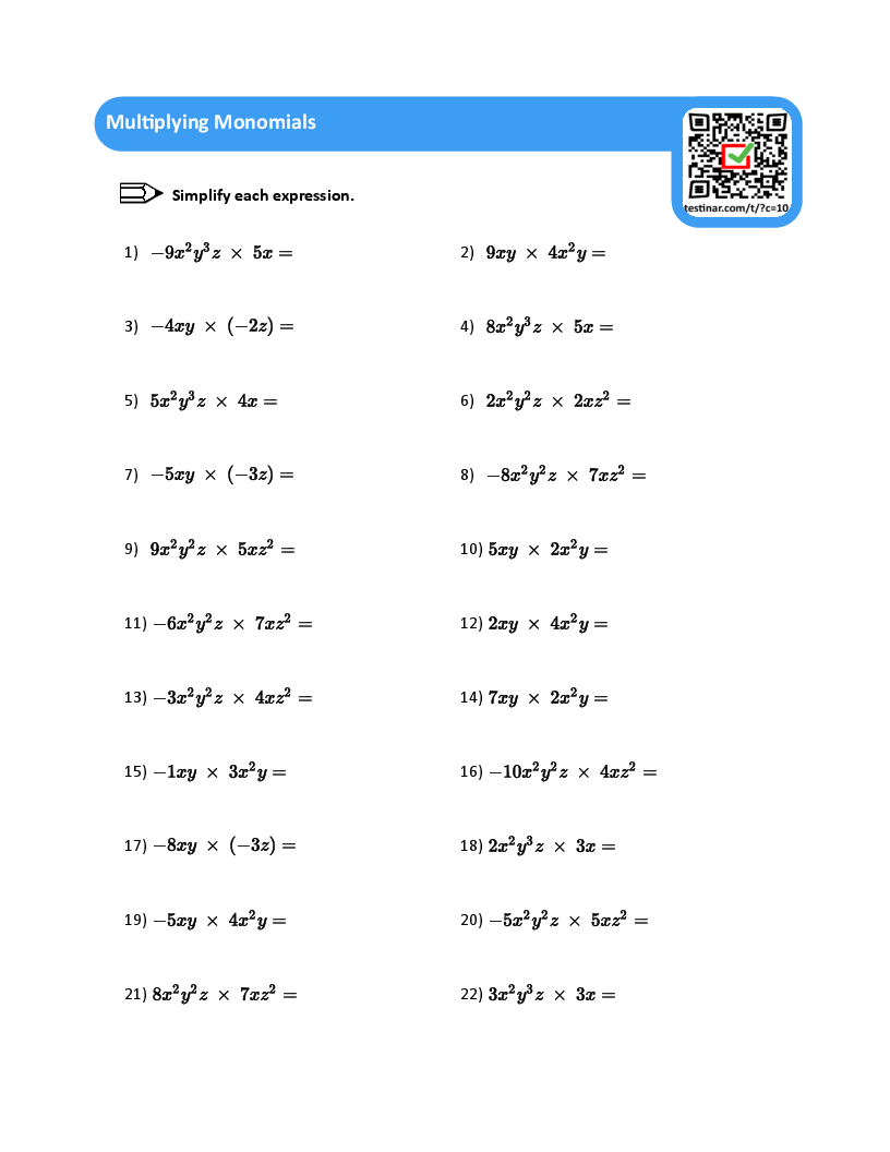 Multiplying Monomials Worksheets