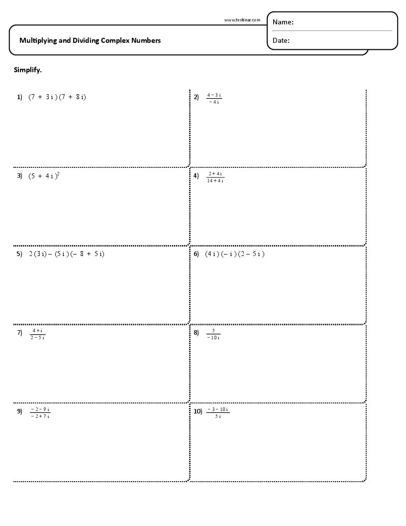 Multiplying And Dividing Complex Numbers Worksheets